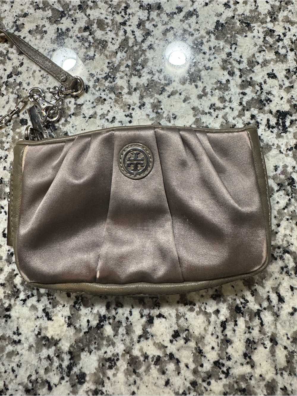 Tory Burch Metallic Taupe Satin Wristlet with Logo Medallion